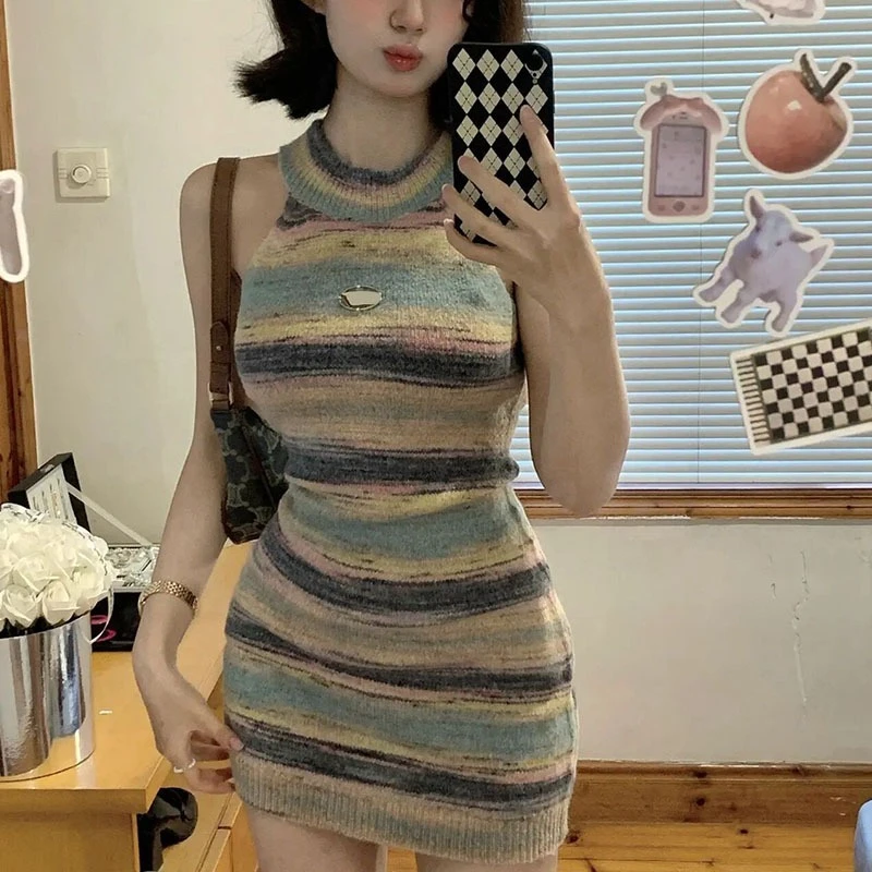 2025 Zomer Y2k Leuke Kleurblok Strepen Halter Hals Gebreide Wikkeljurk Sexy Mode Bodycon Strapless Afslanken O-hals Vrouwen Jurk