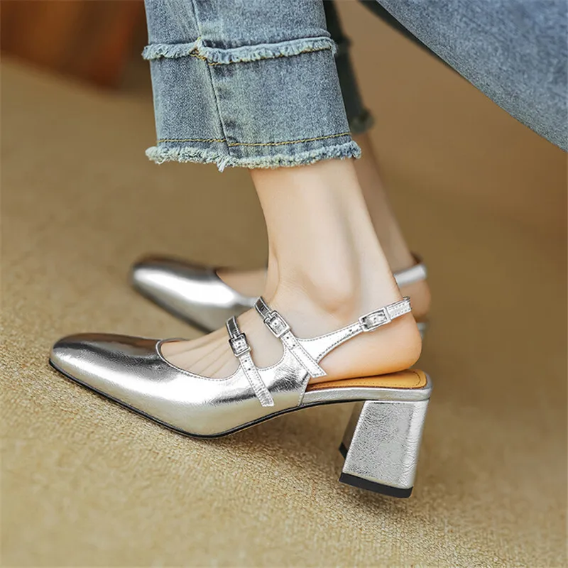 Summer Sandals Mary Jane Shoes Square Toe High Heels Cover Toe Back Strap Roman Sandals for Women Split Leather Women Sandals