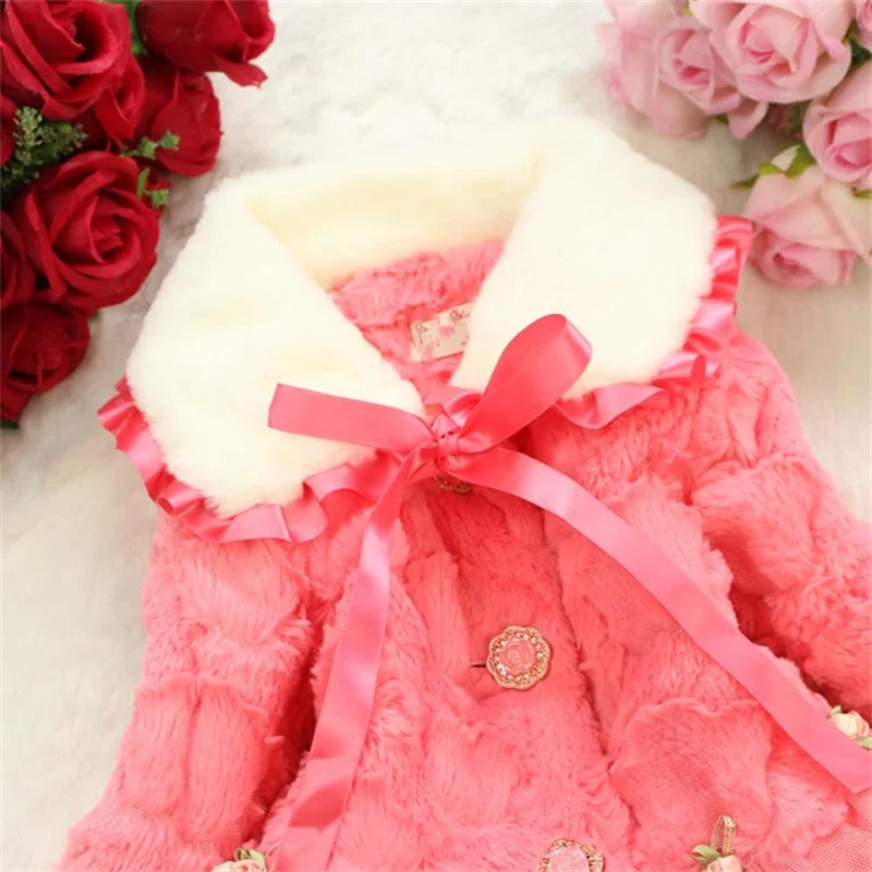 Girl\'s Winter Coat Sweet Polo Collar Long sleeved Mesh Ribbon Flower Bow Hair Sweater Children\'s Clothing