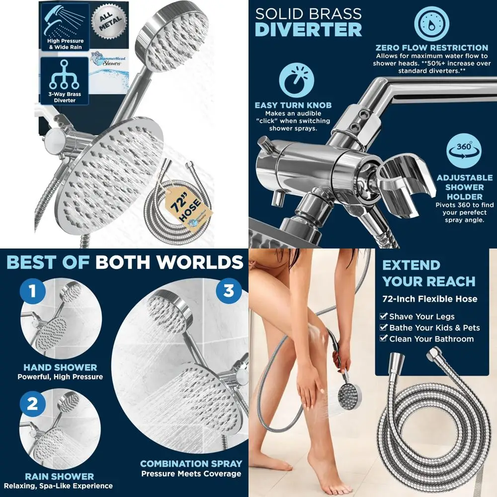 

Комплект двойной душевой насадки из цельного металла — хромированная — 8-дюймовая душевая насадка с высоким расходом и ручная насадка для душа с высоким давлением