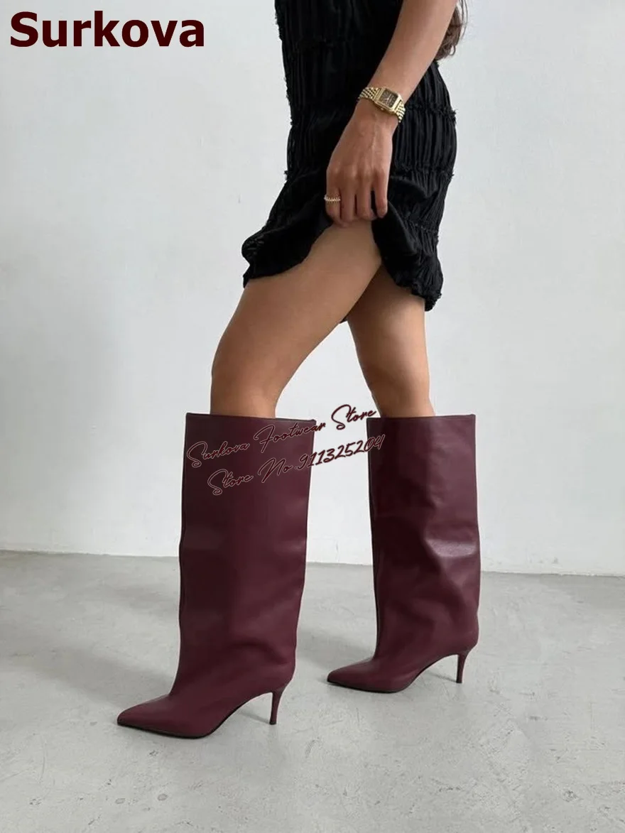 

Surkova бордовые, черные матовые ботинки на шпильке с острым носком, винно-красные модные высокие сапоги, модельные туфли на открытом воздухе