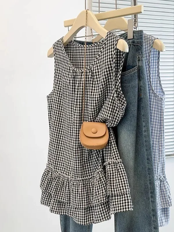 

Жилет в клетку с ремешками в стиле ретро, женский летний жилет большого размера с толстым мм, верхняя одежда с цветочным принтом