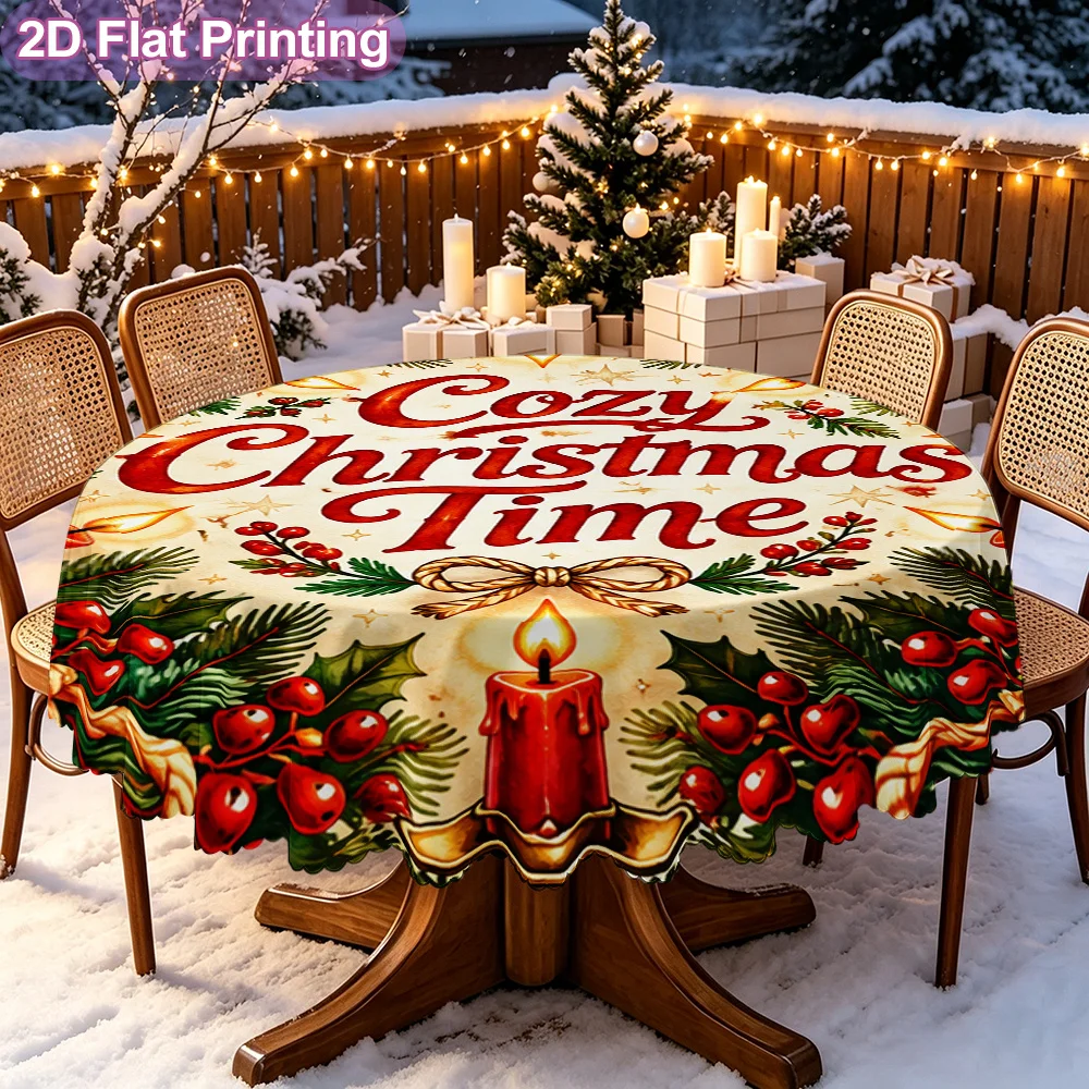 2D Flat Single Comfortable Christmas Candle Berry Pine Print Round Tablecloth - Holiday Table
