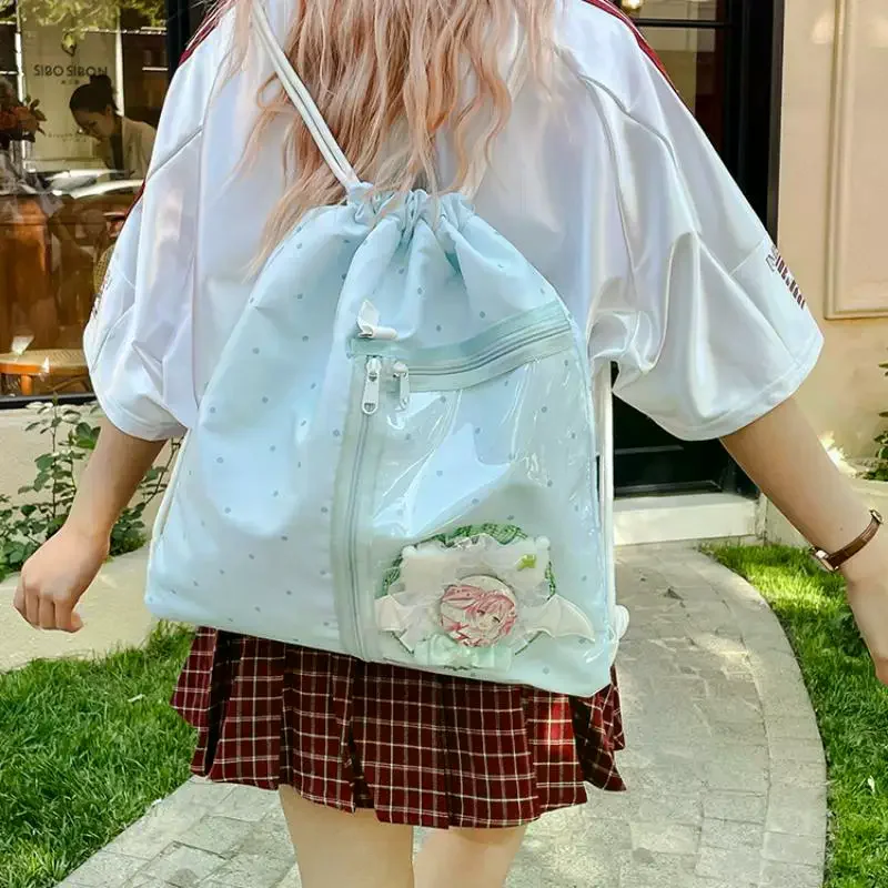 Stylish Lightweight Commuter Backpack; Large Capacity, Transparent Canvas with Star Print and Drawstring.