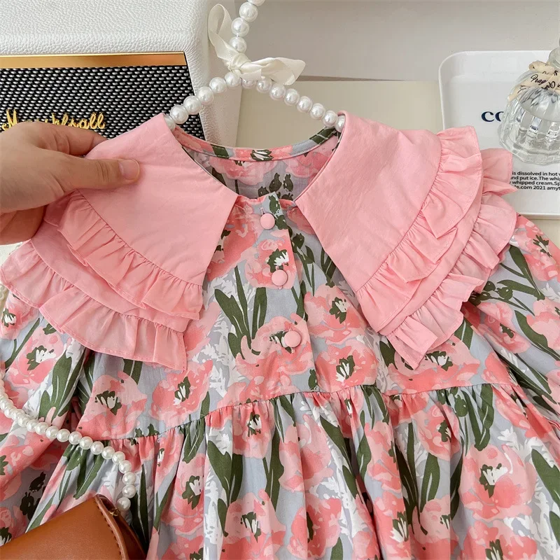 Child Star Round Girls\' Clothing Autumn Petal Collar Fragmented Flower Dress Sweet Long Sleeve Dress Sweet Dress