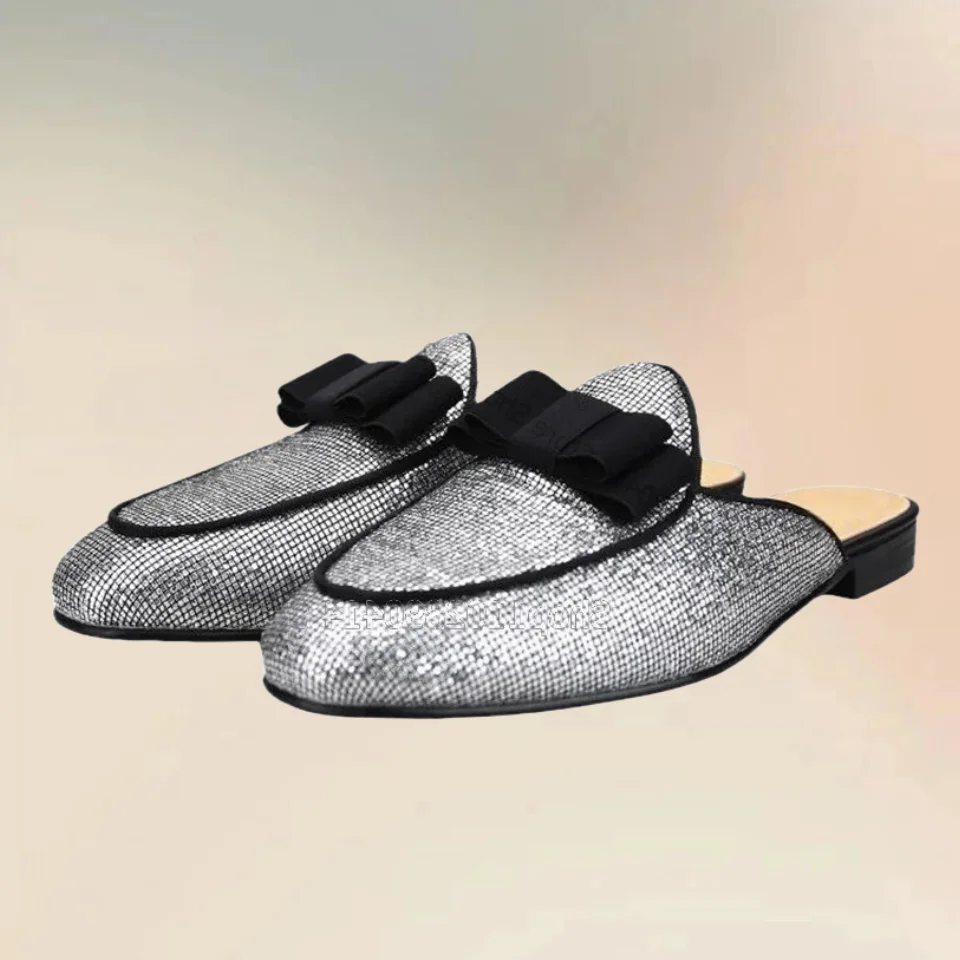 Silver Sequins Black Bow Knot Decor Men Slippers Fashion Slip On Men Shoes Luxury Handmade Party Feast Banquet Men Casual Shoes