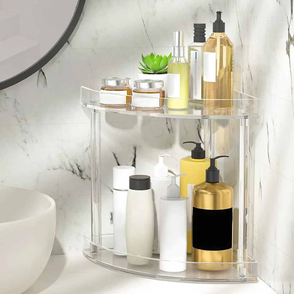

Double-Layer Acrylic Bathroom Corner Organizer Clear Countertop Shelf Multi-Tier Skincare Makeup Stand