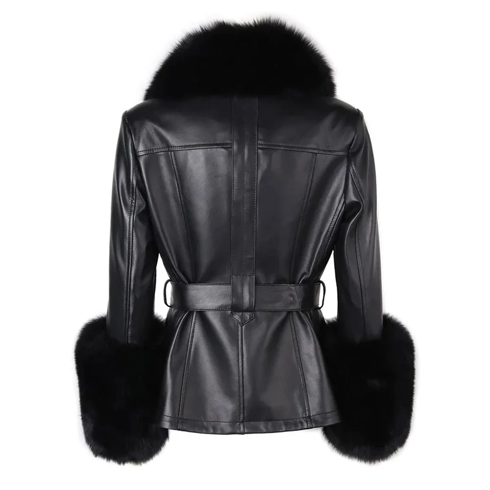 Denny&Dora Short Fur Jacket Black Women Real Fox Fur Collar Genuine Leather Coat Trench Coat