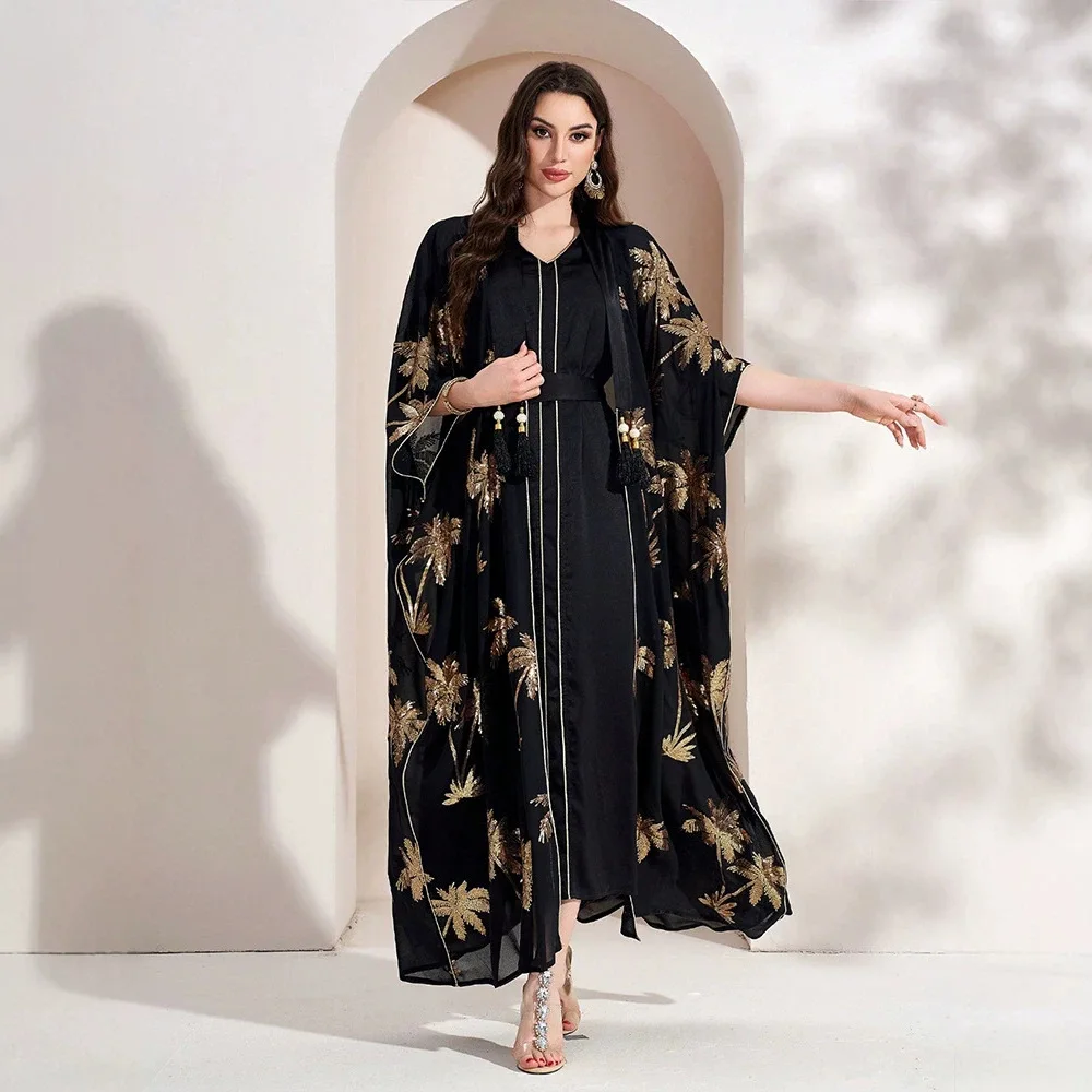 

Ky2010 Women's Sequin Embroidery Patchwork Ribbon Two-piece Cardigan Dress Fashionable And Elegant Dubai Luxury Islam Elegant