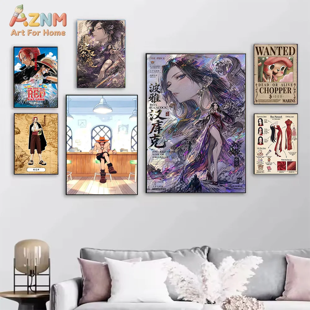 AZNM One Piece Trafalgar Law Jinbe Hancock Shanks Ace Chopper Canvas Wall Art Anime Character Print Unframed Canvas Painting For