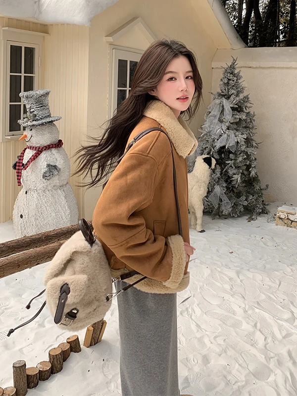 Damski płaszcz Thiened ort z futra jagnięcego, casualowy, ciepły, skórzano-futrzany płaszcz z kapturem na jesień i zimę.