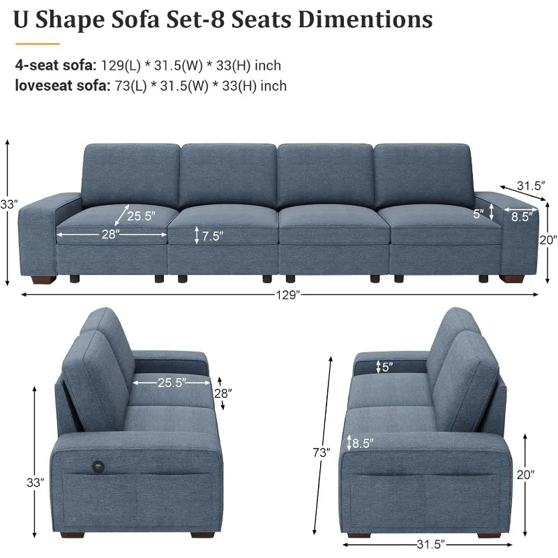 3-Piece U Shape Sofa Set for Living Room 4-Seat Modular Sectional Sofa & 2-Piece Loveseat with Large Storage Space Comfy