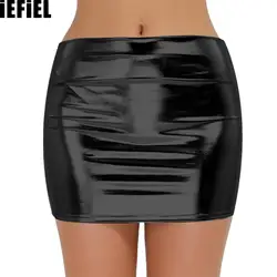 Sexy Brilhante Patente Couro Mini Saia das mulheres, Saias Lápis, Cintura Baixa, Clubwear, Traje Party Performance, Wetlook Streetwear, Mulheres