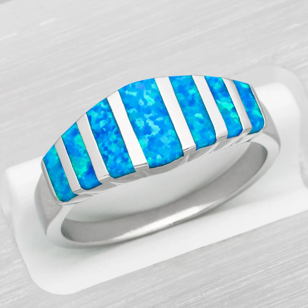 KONGMOON Ocean Blue Fire Opal Jewelry Women Band Ring Size 6 7 8 9 10