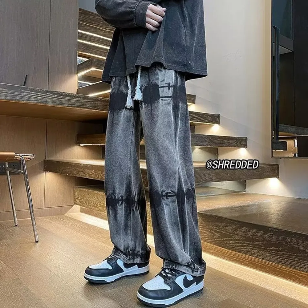 Tie Dyed Vintage Jeans Men's Fashion Brand Gradient Large Straight Leg Wide Leg Pants American Vibe High Street Casual Pants
