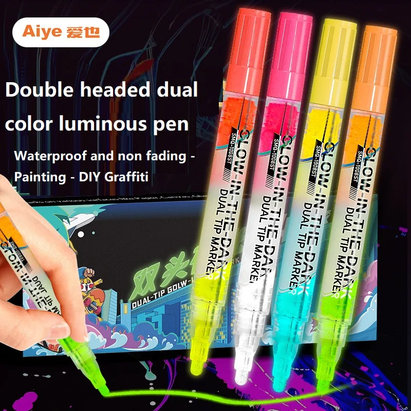 1PC Double Headed Dual Color Luminous Marker Pen Student Stationery 6MM Pen Tip DIY Drawing Fluorescent Waterproof Non Fading