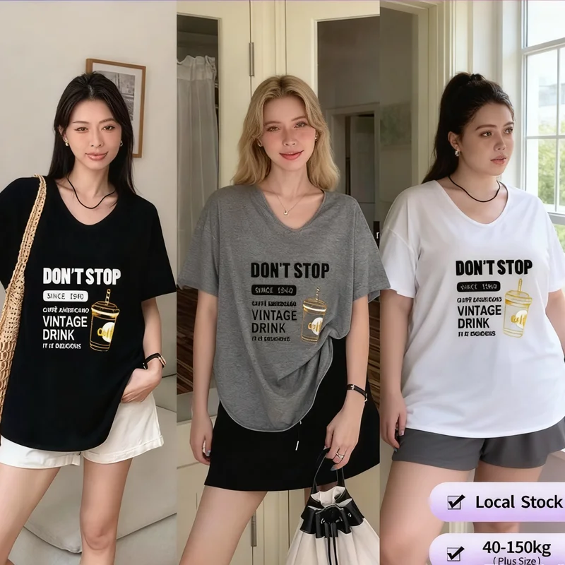 

【Футболка больших размеров】 (40-150 кг), футболка большого размера с короткими рукавами и U-образным вырезом, модная свободная футболка с принтом букв