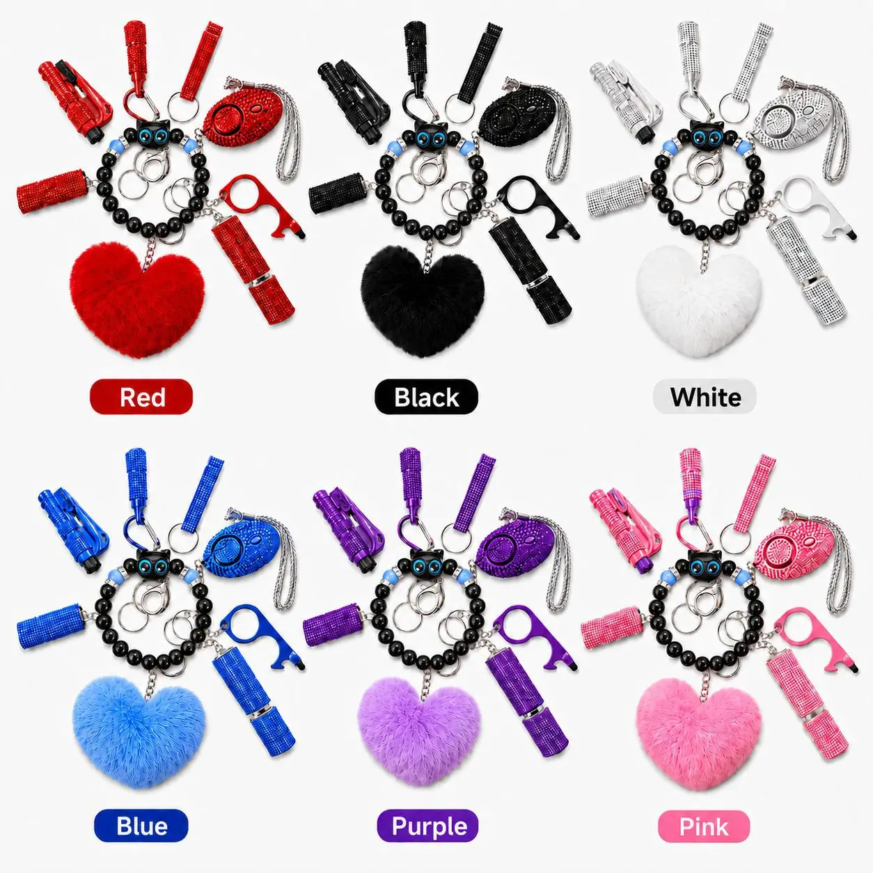 9pcs Pink Rhinestone Keychain Set for Women, Bling Wristlet Key Ring with Personal Alarm, Pom Pom, Beaded Bracelet