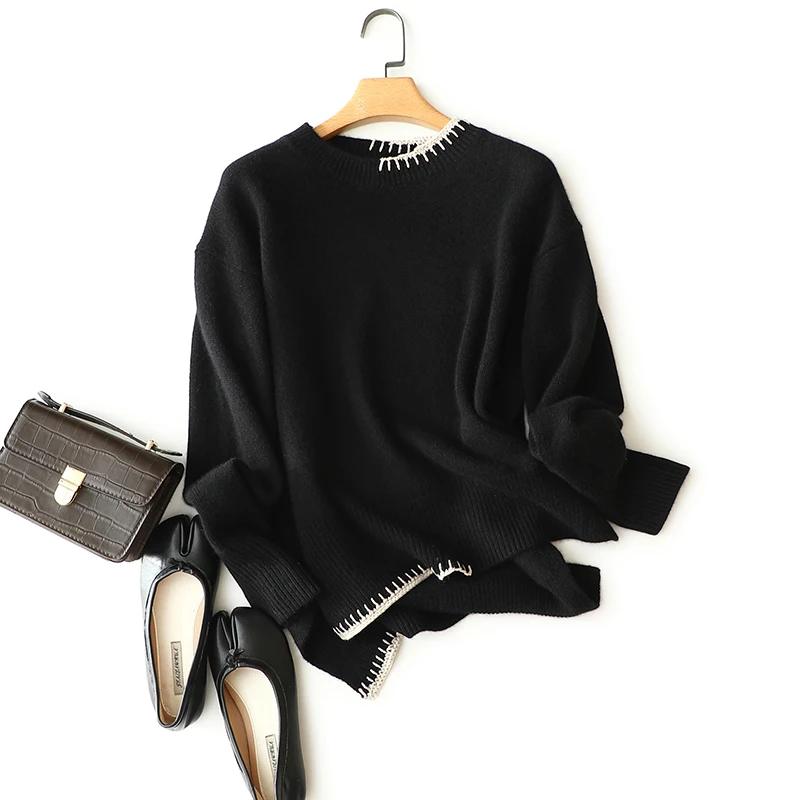 

masigoch winter new drop shoulder contrast knitwear 6ply thick chic luxury 100% cashmere oversized sweater jumper