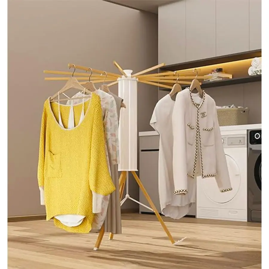 Tripod Drying Rack Portable, Foldable Drying Rack Clothing with 12 Wood Drying Arms, Standing Laundry Hanger Rack Round Collapsi