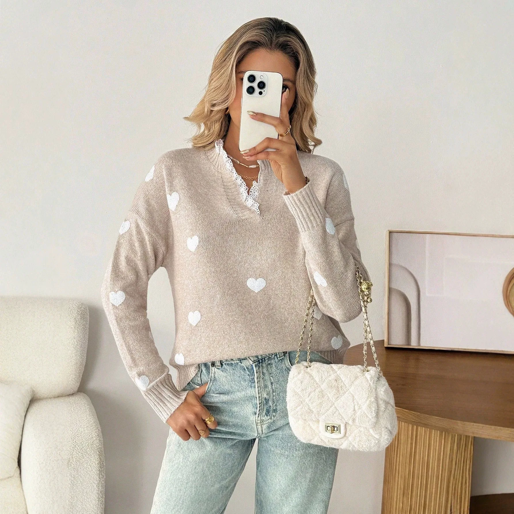 Women Fashion Lace Splicing Knitted Pullover Sweater Vintage V Neck Long Sleeve Female Chic Lady Tops Fall Jumper Woman Clothes