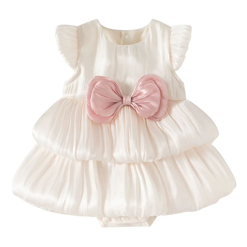 2026 Summer Girls Dresses Korean Cute Bow Sleeveless Mesh Pink Princess 1 Year Birthday Toddler Dress Baby Newborn Items B404