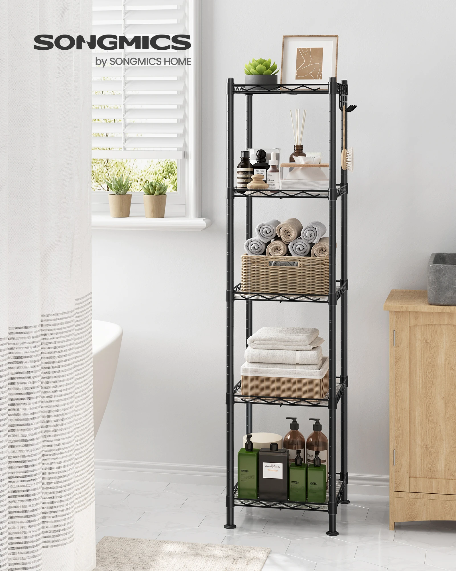

SONGMICS 5-Tier Bathroom Shelf, Storage Rack for Small Space, with 5 PP Shelf Liners, Removable Hook, Extendable Design,