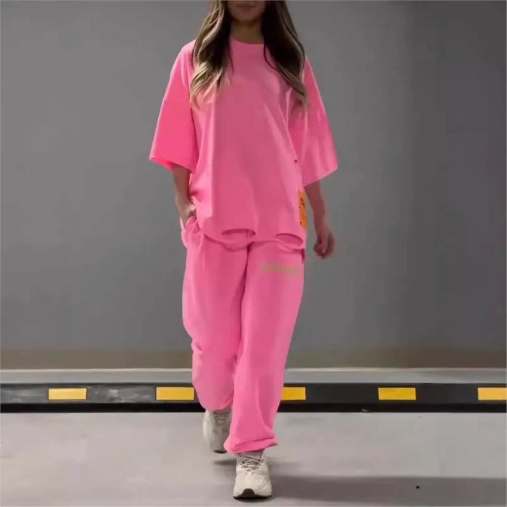 

Summer New Fashion Hollowed Out O Neck T Shirt Women's 2 Piece Set Solid Color Casual Relaxed Tracksuit Pants Pocket Female Suit