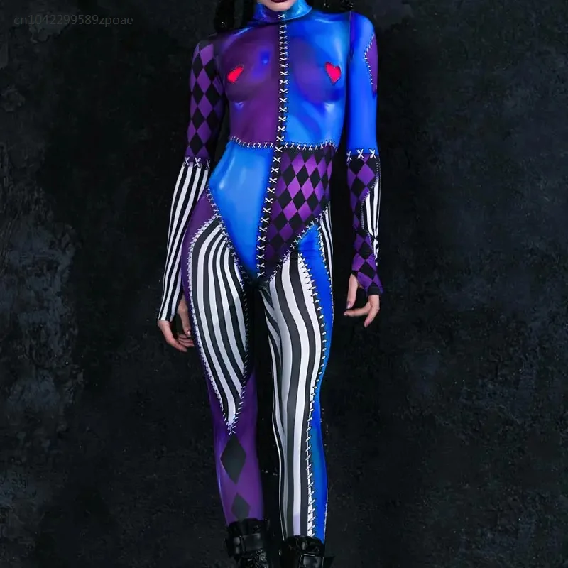 Cosplay Costume Women Clown Catsuit Jumpsuit Halloween Sexy 3D Printed Holiday Carnival Zentai Bodysuit Female Cosplay Outfit