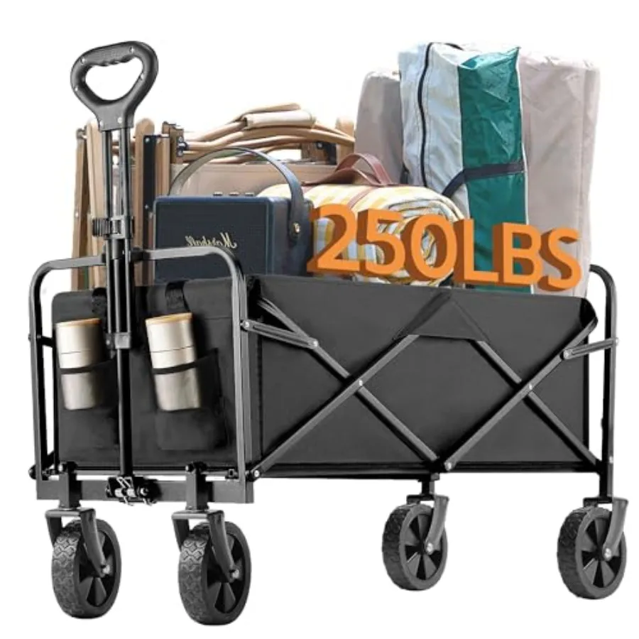 

Heavy-Duty Collapsible Wagon Cart with Wheels 250lbs Capacity, Foldable Utility Cart for Camping Gardening Beach, All-Terrain F