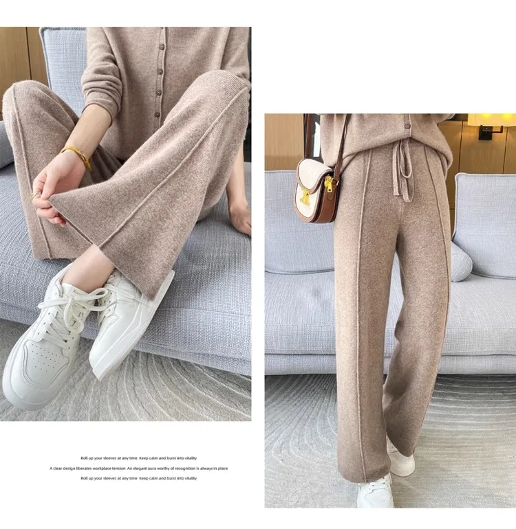 2024 High-end Cashmere Temperament Wide-leg Pants Women's High Waist 100 Pure Wool Pants Loose Casual Straight Outer Trousers