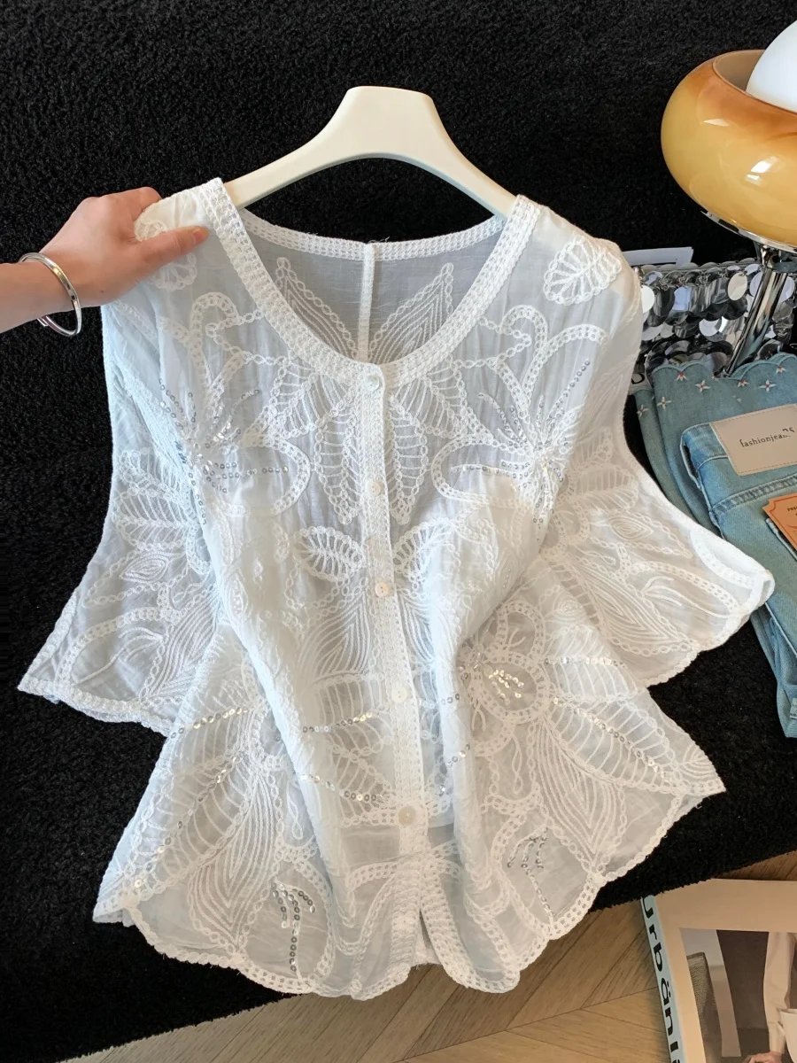 

White Heavy Embroidery Lace Trim V-Neck Short Sleeve Women's Summer New Style Unique Beautiful Thin Sparkling Open Cardigan Top
