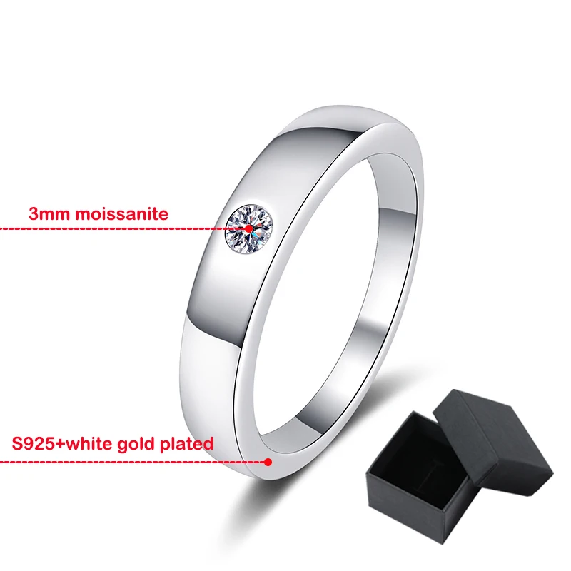 Smyoue White Gold Plated 0.1ct Moissanite Ring for Men Women Classic Couple 925 Sterling Silver Marriage Band Birthday Gift
