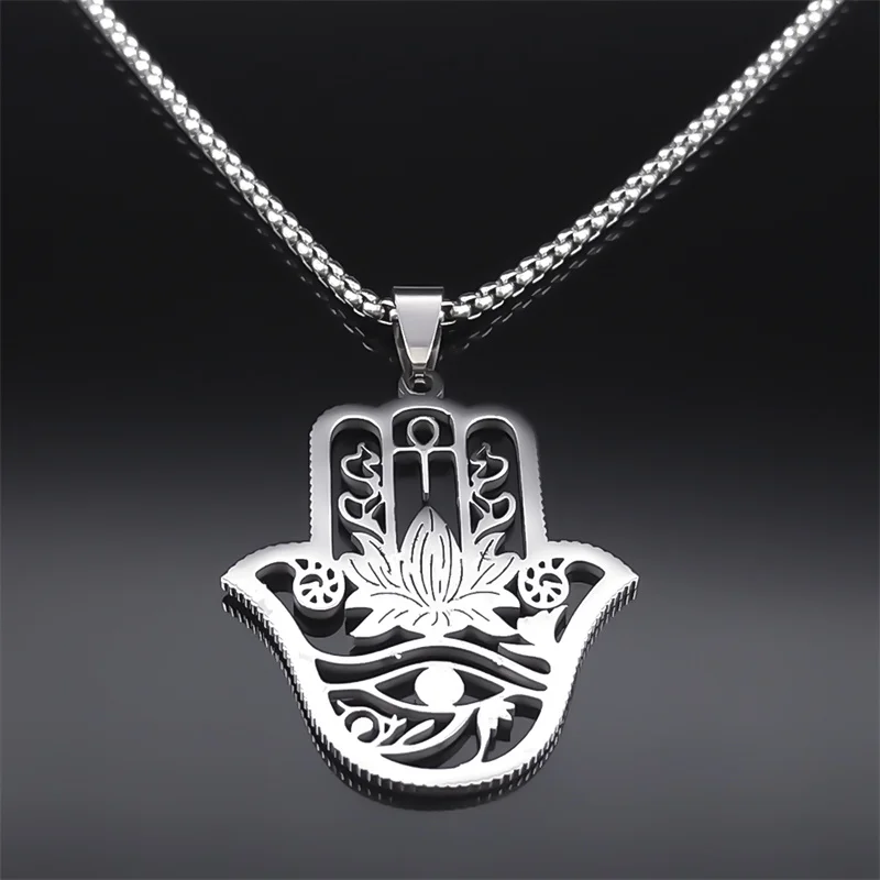 Hamsa Hand Ankh Lotus Necklace for Women Men Stainless Steel Silver Color Egypt Eye of Horus Necklaces Jewelry N8075S02