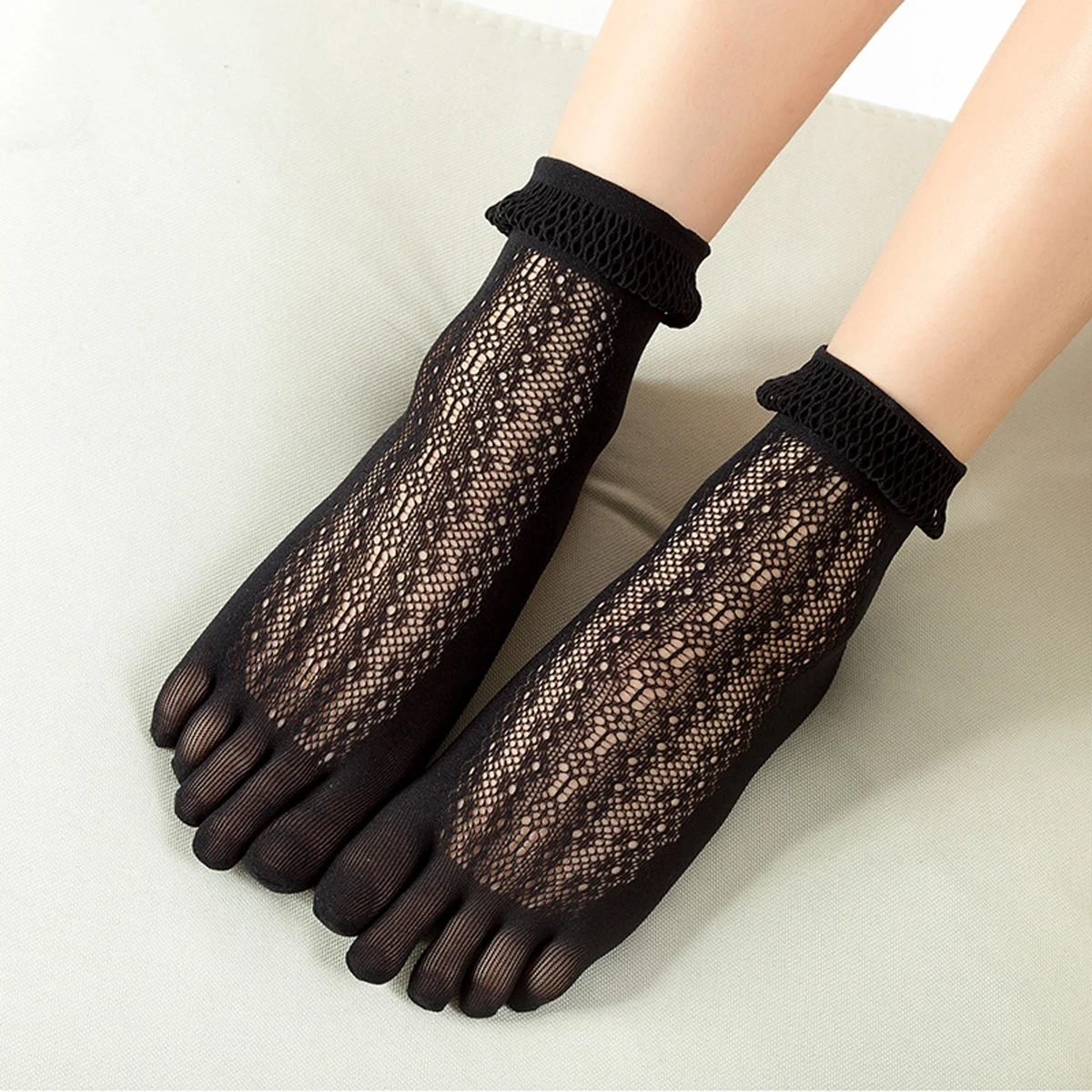 5 Pairs Five Finger Boat Socks Women Spring Summer Thin Plain Weave Shallow Mouth Velvet Ice Silk Sweat Absorbent Toe Socks