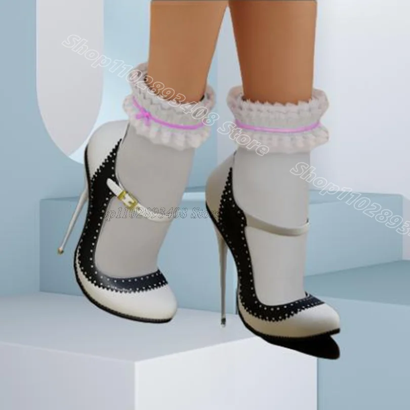 

Bicolor Ankle Buckle Elegant Pumps Stiletto British Style Leather New Stylish Women Casual Party Pumps 2025 Zapatos Para Mujere