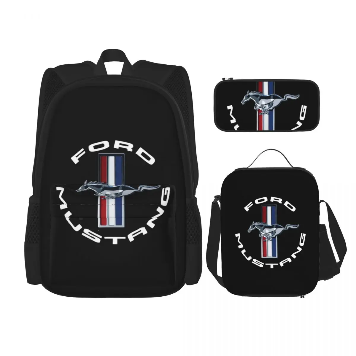 Ford Mustang Backpacks Boys Girls Bookbag Children School Bags Cartoon Kids Rucksack Lunch Bag Pen Bag Three-Piece Set