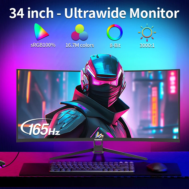 شاشة ألعاب منحنية للغاية مقاس 34 بوصة من Gawfolk، شاشة كمبيوتر 1500R 165 هرتز UWQHD 4K، شاشة كمبيوتر منحنية مع مزامنة FreeSync، تدعم W