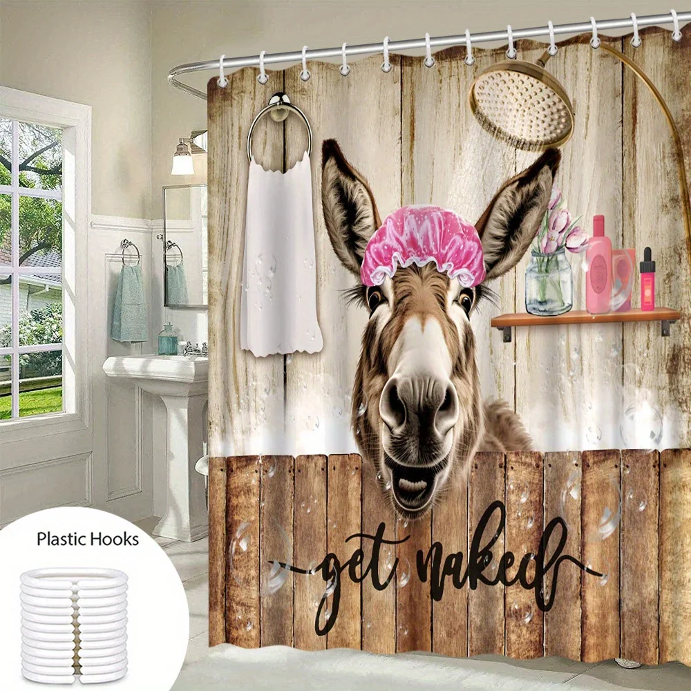 Whimsical Donkey Bathing Shower Curtain with Rustic Wooden Background -Fun\