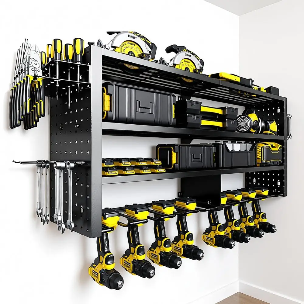 

Настенный органайзер для электроинструментов, 4-уровневая система хранения для гаража с 8 держателями для дрелей, прочный металлический каркас, выдерживает нагрузку до 400 фунтов, идеально подходит для гаража или мастерской.