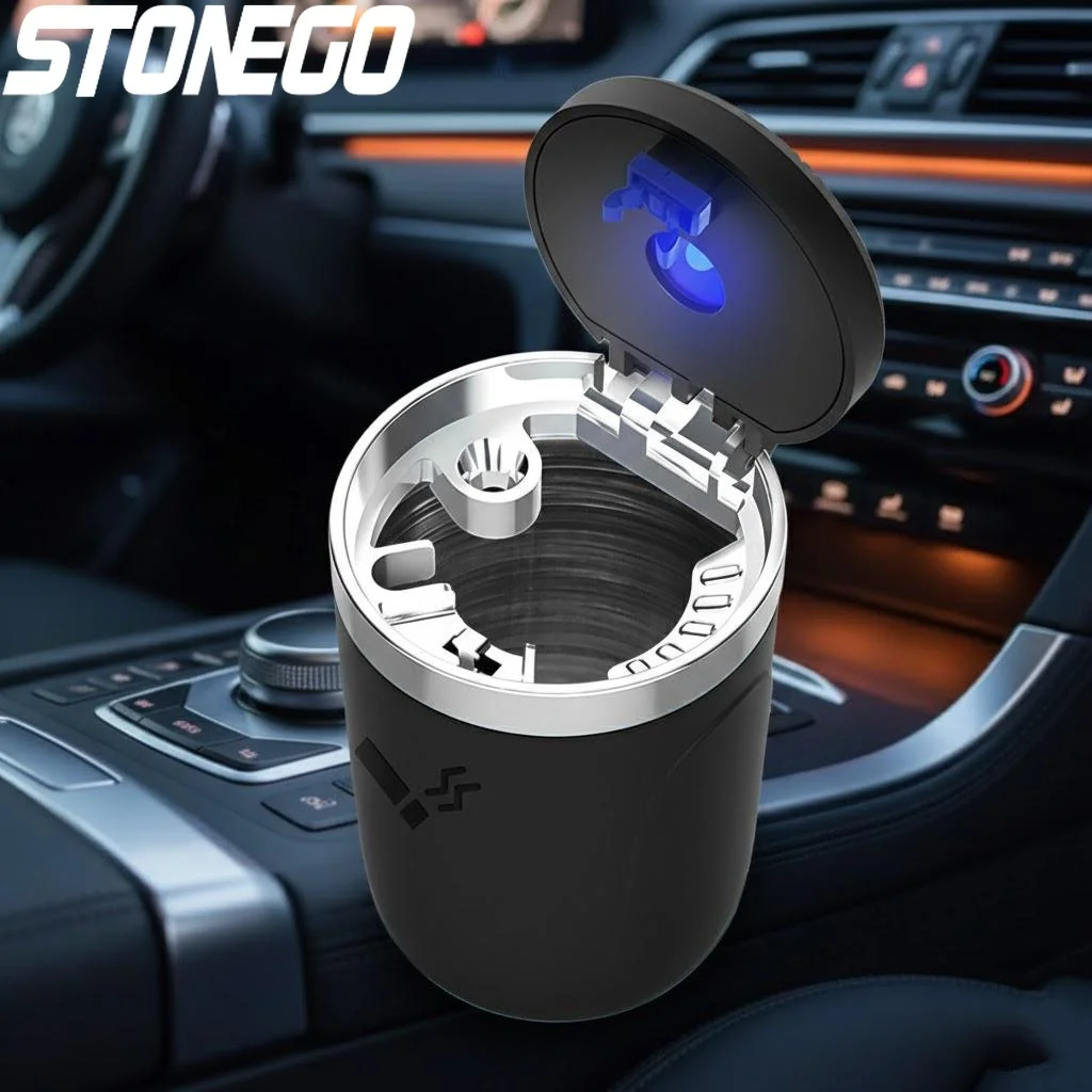 Creative LED Ashtray Car Cigarette Holder Stainless Steel Liner Portable Smoke-Proof Design