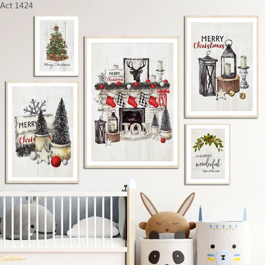 (1pc frameless)Merry Christmas Stocking Pine Forest Fireplace Truck Car Minimalist Wall Art Print Canvas Painting Posters for