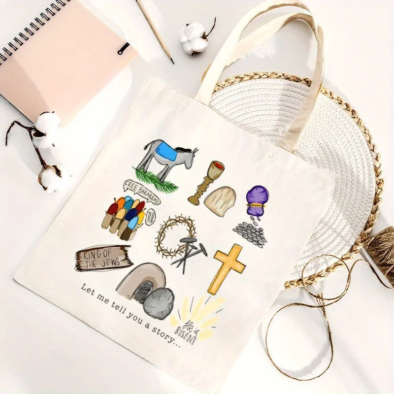 A Let me tell you a story pattern print canvas tote bag, suitable for daily use, shopping, school, and travel