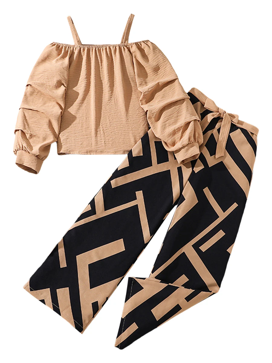 

Toddler Girls Fall Outfits Cold Shoulder Long Sleeve Shirt and Elastic Geometric Print Pants Set 2 Piece Clothes