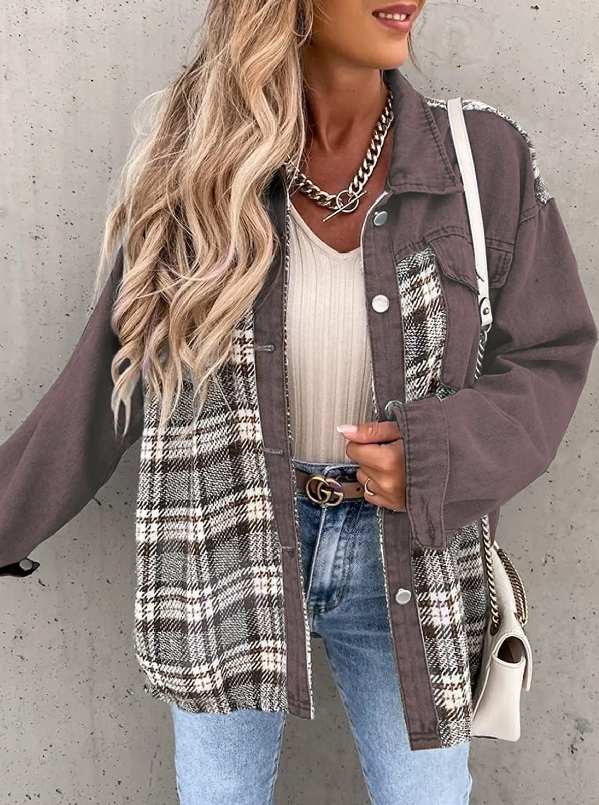 Women Spliced Plaid Shackets Lapel Button Down Long Sleeve Patchwork Jacket Casual Fall Outerwear