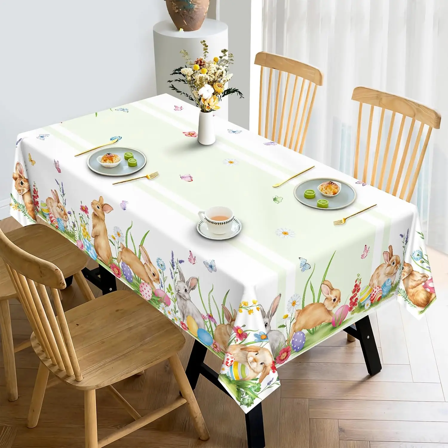 Easter Bunny Egg Floral Tablecloth for Table Decor Spring Watercolor Daisy Flower Butterfly Dining Table Cloth Easter Decoration