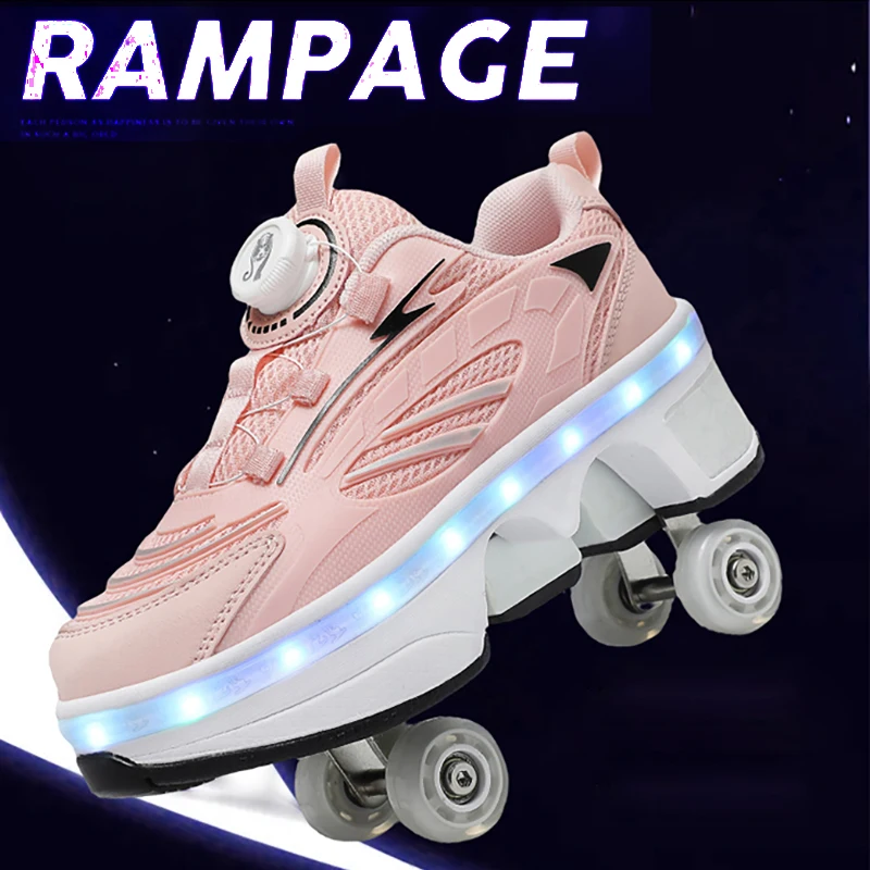 Patins à roulettes pour jeunes, chaussures d'extérieur avec lumières, chaussures de sport multifonctions à boucle rotative