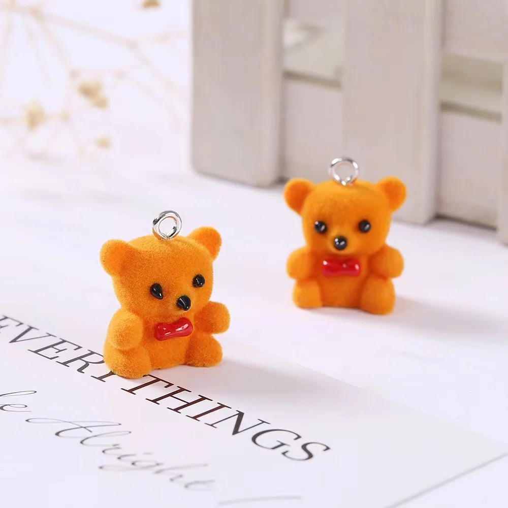 30pcs Flocking resin Animals Doll Charms lovely Sitting Bear pendant For making diy necklace Keyring Mobile phone chain fittings