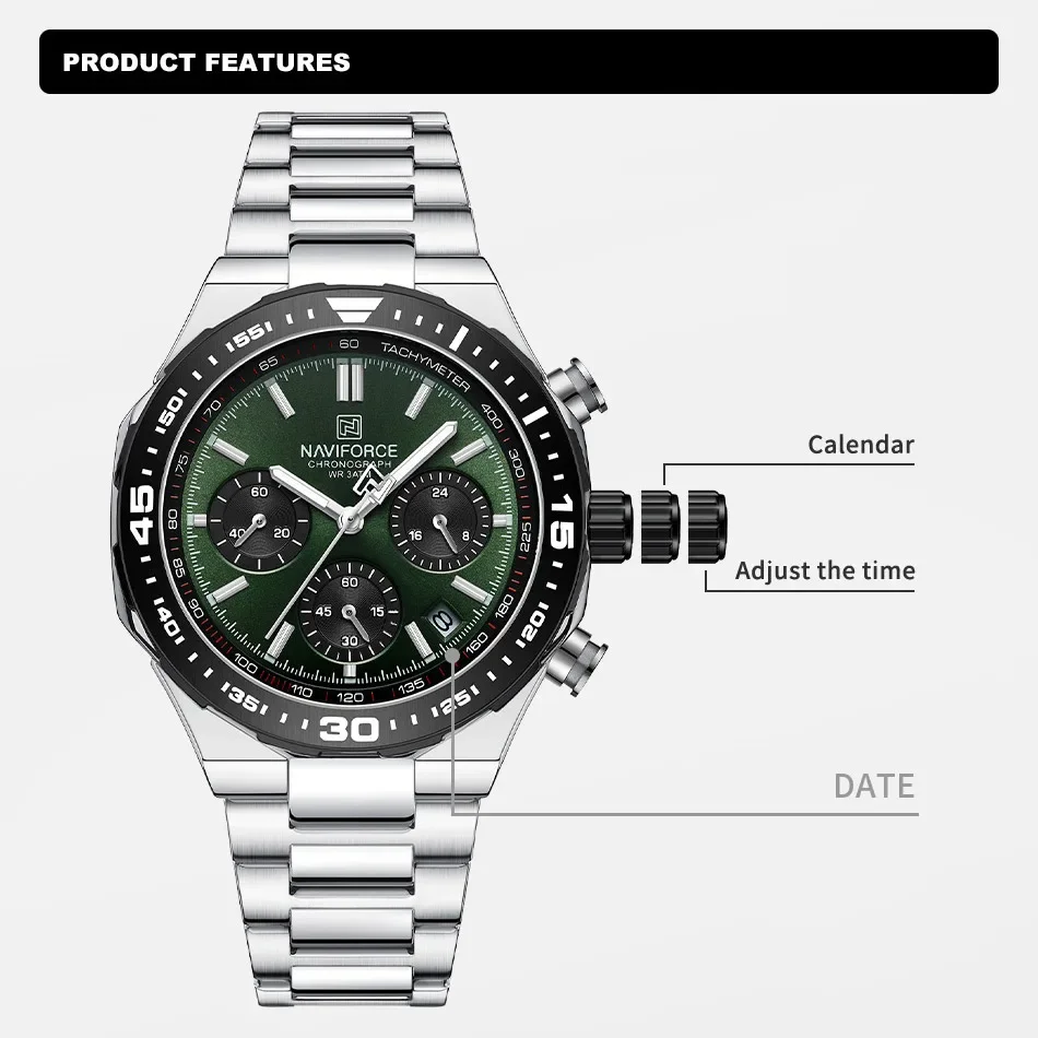 NAVIFORCE NF8049 Men Watch Waterproof Business Casual Date Luminous Quartz Chronograph Stainless Steel Strap Clock