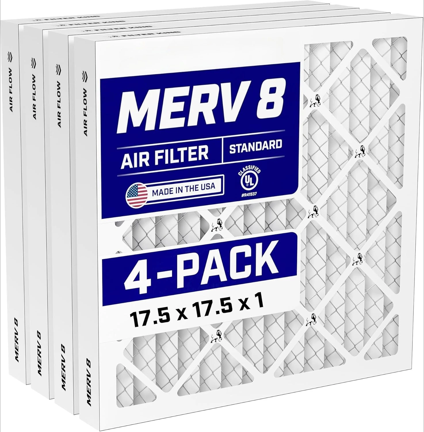 

4-Pack 17.5x17.5x1 MERV 8 Pleated Air Filter, Electrostatic HVAC Furnace Filter, Dust Allergy Control